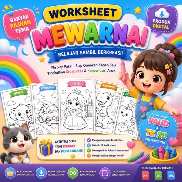 30 Lembar Worksheet Mewarnai Anak (PAUD, TK, SD) – PDF Siap Cetak Anti Ribet!