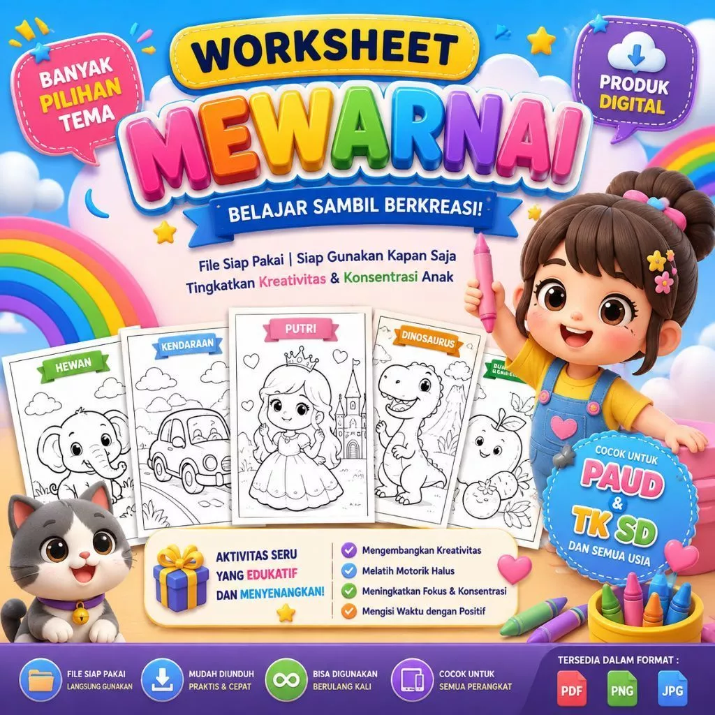 30 Lembar Worksheet Mewarnai Anak (PAUD, TK, SD) – PDF Siap Cetak Anti Ribet!