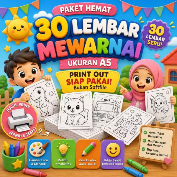 30 Lembar Mewarnai Anak Ukuran A5 - Bebas Pilih Tema, Praktis, & Edukatif!
